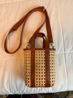 Woven Rattan Crossbody Tote in Brown